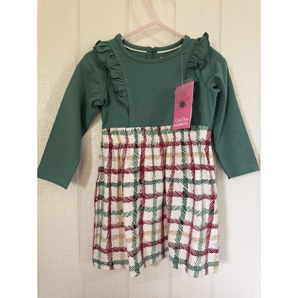 RuffleButts Girls Sage Green Plaid Ruffle Long Sleeve Dress 18-24M NWT - Picture 2 of 4